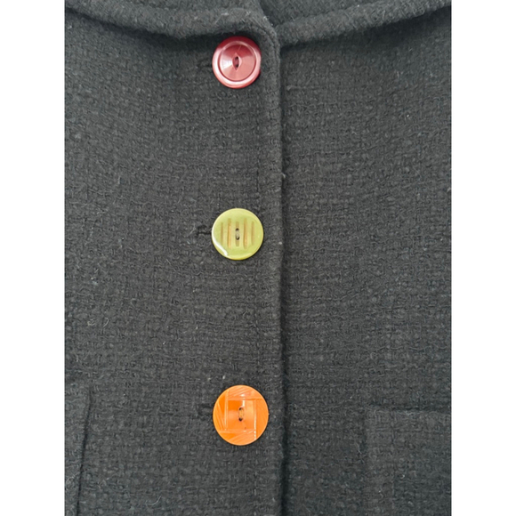 Kate Spade Black Wool Blend Coat Size 6 Colorful Button Fuzzy Textured Mid Lengt - Picture 3 of 6